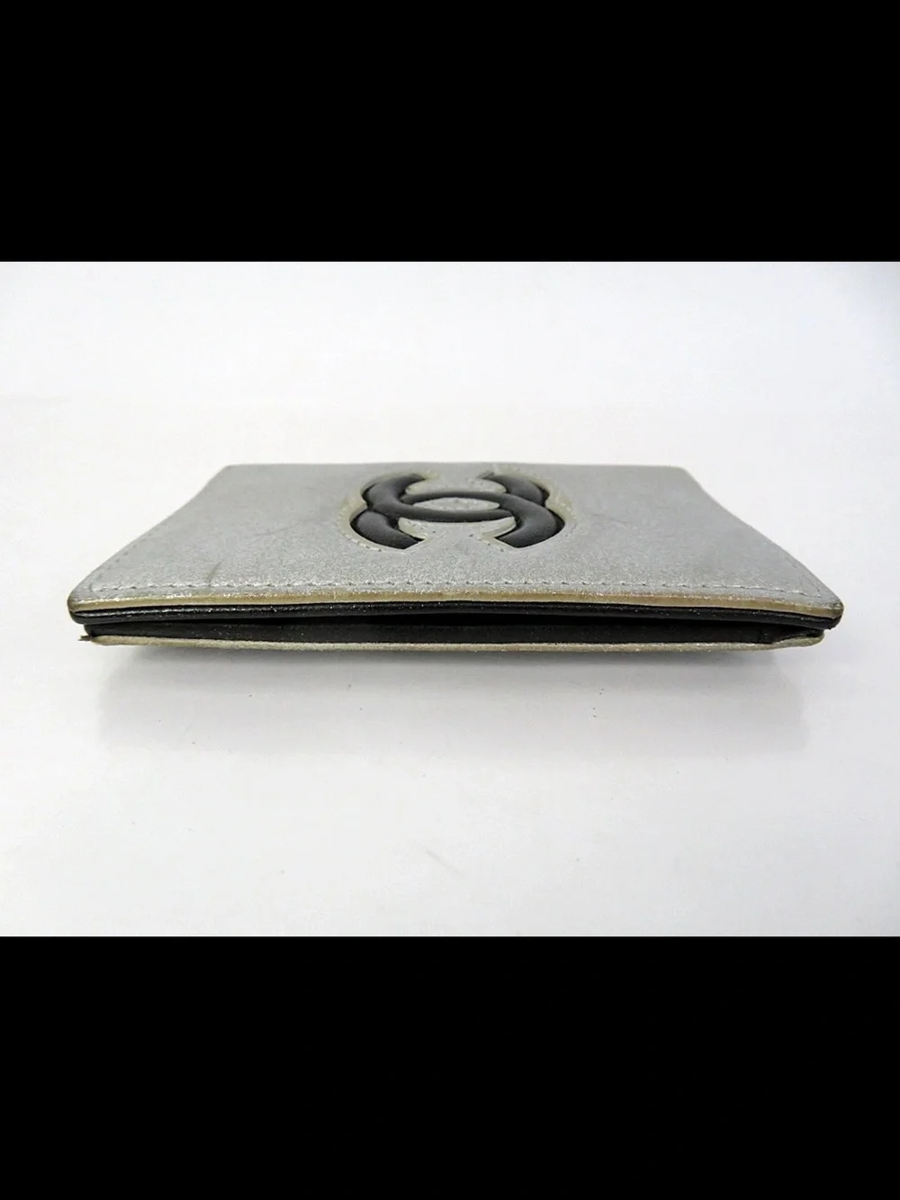 CHANEL Silver Card Case with Black Interlocking CC